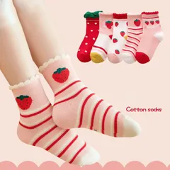 Set 5 đôi tất trẻ em thoáng khí lụa lạnh họa tiết quả dâu dành cho bé gái 2-8 Tuổi
