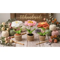 CHẬU HOA MẪU ĐƠN LEN HANDMADE – HOA LEN TRANG TRÍ ĐỂ BÀN