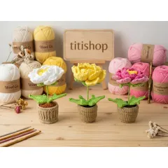 CHẬU HOA MẪU ĐƠN LEN HANDMADE – HOA LEN TRANG TRÍ ĐỂ BÀN