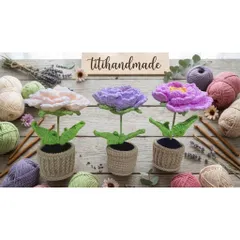 CHẬU HOA MẪU ĐƠN LEN HANDMADE – HOA LEN TRANG TRÍ ĐỂ BÀN