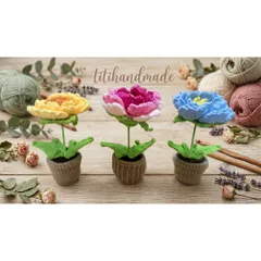 CHẬU HOA MẪU ĐƠN LEN HANDMADE – HOA LEN TRANG TRÍ ĐỂ BÀN