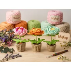 CHẬU HOA MẪU ĐƠN LEN HANDMADE – HOA LEN TRANG TRÍ ĐỂ BÀN
