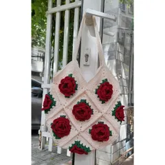 Túi Tote Len Đeo Vai Họa Tiết Hoa Hồng Nổi Handmade – Túi Len Móc Thủ Công Thời Trang, Đựng Điện Thoại, Ví, Mỹ Phẩm
