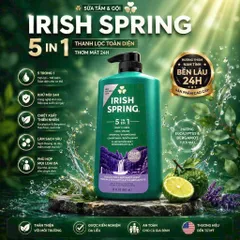 Sản phẩm là sữa tắm gội Irish Spring 5 trong 1, tích hợp dầu gội, dầu xả, sữa tắm, rửa mặt và khử mùi.dung tích 887ml,