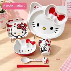 set khay đựng đồ ăn hello kitty cho bé – bộ bát đĩa cốc thìa đũa dễ thương