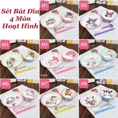set bát đĩa hoạt hình cho bé gồm đĩa lớn, bát, thìa và đũa dễ thương