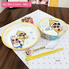 set bát đĩa hoạt hình cho bé gồm đĩa lớn, bát, thìa và đũa dễ thương