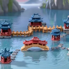 Mô hình nhà,tháp,cầu cổ trang trí tiểu cảnh,hòn non bộ,bể cá kích thước 7,5cm,4,5cm