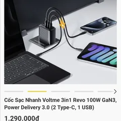 Củ sạc nhanh 100W VOLTME REVO 100W GaN 3, 2 cổng C + 1 cổng A ( chân tròn ) (P135022)