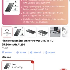 Pin dự phòng Anker 25600mAh A1291 sạc nhanh 87W - kèm củ sạc 65w + cáp C to C (P119133)