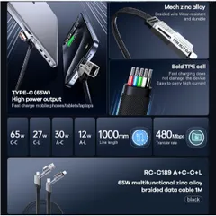 Cáp sạc đa năng 4in1 sạc tương thích nhiều cổng REMAX 65W RC-C189 thiết kế dây bện chống rối. (P134943)