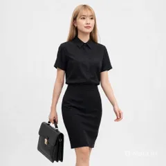 Áo sơ mi đen nữ công sở tay dài, tay ngắn che nút du nguyễn lụa nhung thanh lịch