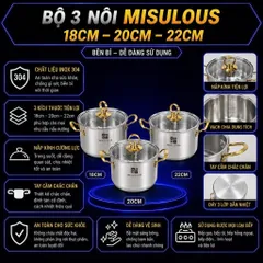 Bộ Nồi Misu Louis 3 Món - Inox 304 Đáy Nguyên 3 Lớp Cao Cấp Dùng Cho Mọi Loại Bếp