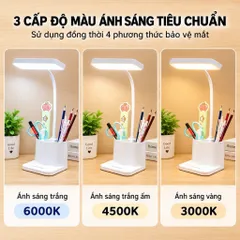 Đèn Bàn Học Đọc Sách Tích Điện Bảo Vệ Mắt Cảm Ứng 3 Chế Độ Ánh Sáng Có Hốc Để Đồ Tiện Lợi