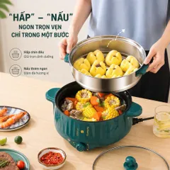 Nồi Lẩu Điện Đa Năng Công Suất Lớn 1000w 2 Tầng 3-4 người ăn Kèm Giá Hấp Inox Dày Dặn