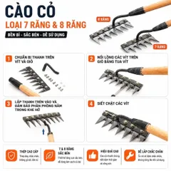 Cào cỏ làm vườn 7 Răng và 8 Răng, Dụng cụ cào cỏ, Làm tơi xốp đất, cào rác bằng thép không rỉ