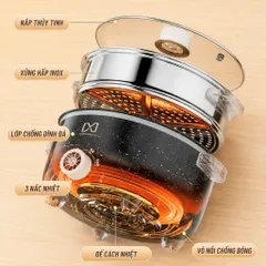Nồi Lẩu Điện Công Suất Lớn Dung Tích 4L, Tặng Khay Hấp Inox 28CM, Tráng Men Chống Dính SIêu Bền