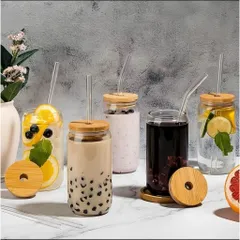 Bình Thuỷ Tinh 500ml Kèm Nắp Gỗ & Ống Hút Thiết Kế Đơn Giản Phong Cách Hiện Đại Dùng Cho Nước Trà Đồ Uống Khác