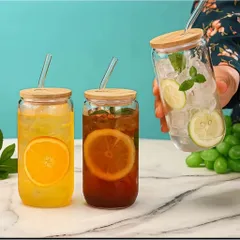 Bình Thuỷ Tinh 500ml Kèm Nắp Gỗ & Ống Hút Thiết Kế Đơn Giản Phong Cách Hiện Đại Dùng Cho Nước Trà Đồ Uống Khác