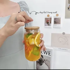 Bình Thuỷ Tinh 500ml Kèm Nắp Gỗ & Ống Hút Thiết Kế Đơn Giản Phong Cách Hiện Đại Dùng Cho Nước Trà Đồ Uống Khác