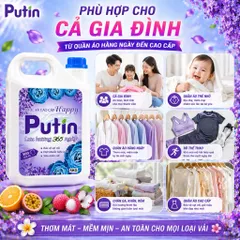 Nước Xả Vải Putin Happy Can 5kg 10kg Lưu Hương Hạnh Phúc Hương Hoa Cỏ Thanh Mát Dịu Êm