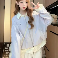 Áo Khoác Gió Nữ Bomber Phối Cổ Sơ Mi Kẻ Sọc Dáng Rộng Phong Cách Hàn Quốc