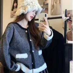 Áo khoác len lông cổ tròn viền lông 2 túi dáng ngắn thu đông tiểu thư