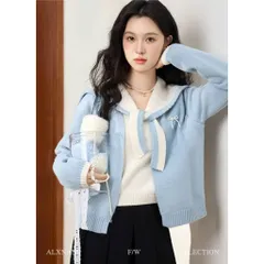 Áo len xanh thắt dây cổ thủy thủ lồng kèm áo cardigan 2 trong 1
