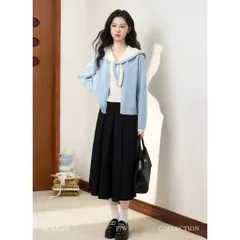 Áo len xanh thắt dây cổ thủy thủ lồng kèm áo cardigan 2 trong 1