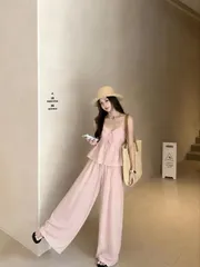 Set bộ nữ thiết kế áo hai dây buộc nơ kèm quần suông dài ống rộng thướt tha, phong cách tiểu thư vintage ngọt ngào