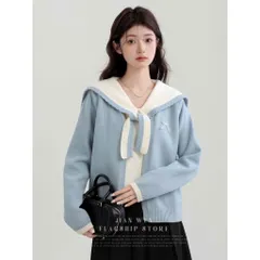 Áo len xanh thắt dây cổ thủy thủ lồng kèm áo cardigan 2 trong 1