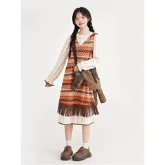 Set Váy Nữ Phong Cách Boho Vintage - Đầm Hoa Nhí Tay Bồng Phối Yếm Gile Thổ Cẩm Có Mũ Tua Rua
