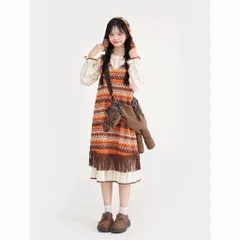 Set Váy Nữ Phong Cách Boho Vintage - Đầm Hoa Nhí Tay Bồng Phối Yếm Gile Thổ Cẩm Có Mũ Tua Rua
