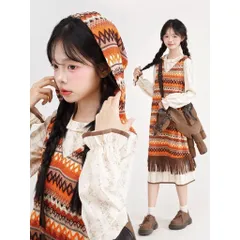 Set Váy Nữ Phong Cách Boho Vintage - Đầm Hoa Nhí Tay Bồng Phối Yếm Gile Thổ Cẩm Có Mũ Tua Rua
