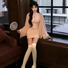Set đầm len body kiểu cúc cổ trang kèm áo choàng tay phồng