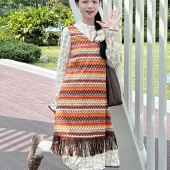Set Váy Nữ Phong Cách Boho Vintage - Đầm Hoa Nhí Tay Bồng Phối Yếm Gile Thổ Cẩm Có Mũ Tua Rua
