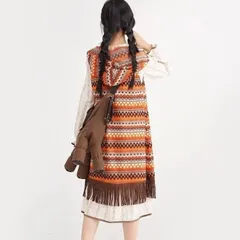 Set Váy Nữ Phong Cách Boho Vintage - Đầm Hoa Nhí Tay Bồng Phối Yếm Gile Thổ Cẩm Có Mũ Tua Rua
