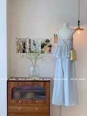 Set bộ nữ thiết kế áo hai dây buộc nơ kèm quần suông dài ống rộng thướt tha, phong cách tiểu thư vintage ngọt ngào
