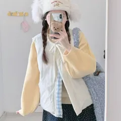 Áo phao gile hai mặt màu trắng và kẻ caro xanh viền bèo cổ nơ dễ thương