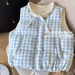 Áo phao gile hai mặt màu trắng và kẻ caro xanh viền bèo cổ nơ dễ thương