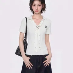 Áo Len Tăm Nữ Ngắn Tay Cổ V Thắt Nơ Phối Họa Tiết Chấm Bi Xinh Xắn Phong Cách Hàn Quốc