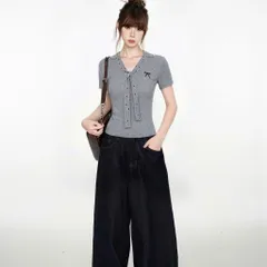 Áo Len Tăm Nữ Ngắn Tay Cổ V Thắt Nơ Phối Họa Tiết Chấm Bi Xinh Xắn Phong Cách Hàn Quốc