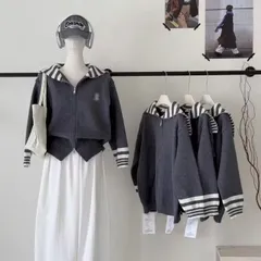 Áo khoác len phối kẻ sọc khóa zip nữ form rộng cổ khăn phong cách Hàn Quốc
