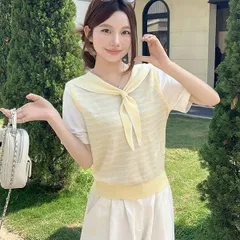 Áo Thun Len Tăm Kẻ Sọc Nữ Cổ Thủy Thủ Phối Khăn Choàng Vai Phong Cách Hàn Quốc