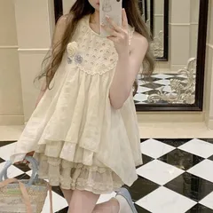 Set Bộ Áo Babydoll Trắng Kem Phối Ren Lỗ Đính Hoa Và Đầm Xòe Công Chúa Dễ Thương Cho Nữ