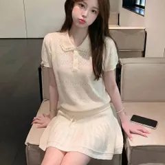 Set bộ áo len tăm dệt kim cổ bẻ kèm chân váy chữ A xếp ly màu kem style Hàn Quốc sang chảnh