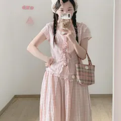 Set áo và váy kẻ caro hồng phấn cổ bèo nhún phối dây hoa buộc tiểu thư cho nữ