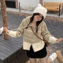 Áo khoác len hoodie có mũ kéo zip kẻ ngang phong cách Hàn Quốc