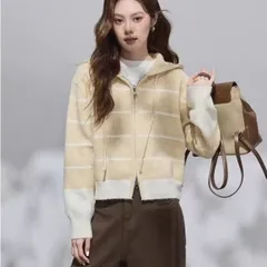 Áo khoác len hoodie có mũ kéo zip kẻ ngang phong cách Hàn Quốc
