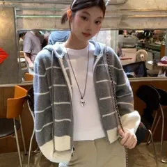 Áo khoác len hoodie có mũ kéo zip kẻ ngang phong cách Hàn Quốc